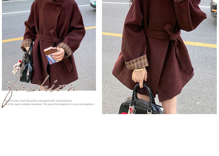 Stand Collar Plaid Lining Button Tie Front Coat