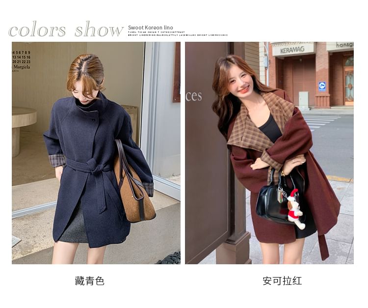 Stand Collar Plaid Lining Button Tie Front Coat