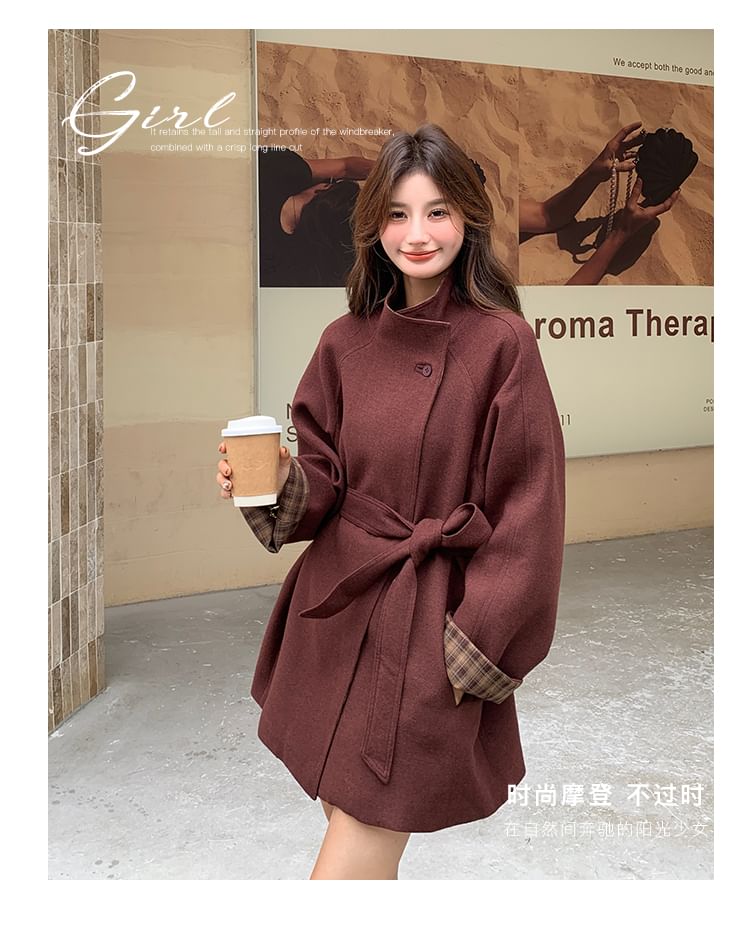 Stand Collar Plaid Lining Button Tie Front Coat