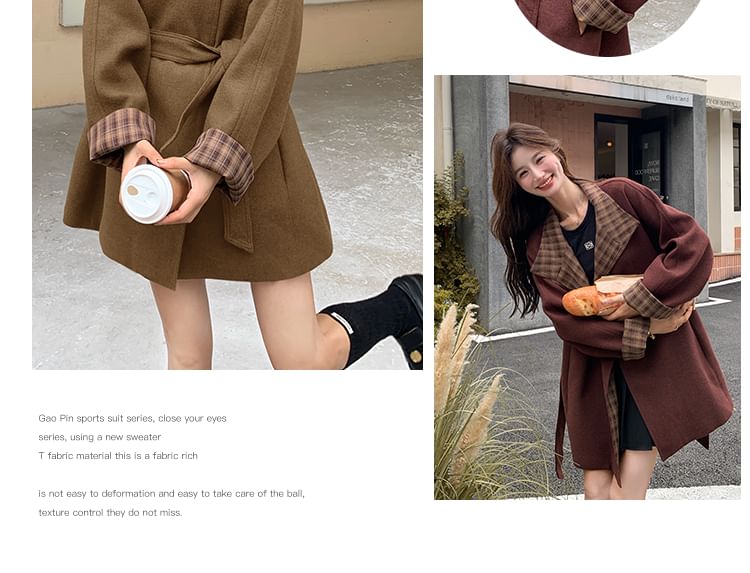 Stand Collar Plaid Lining Button Tie Front Coat