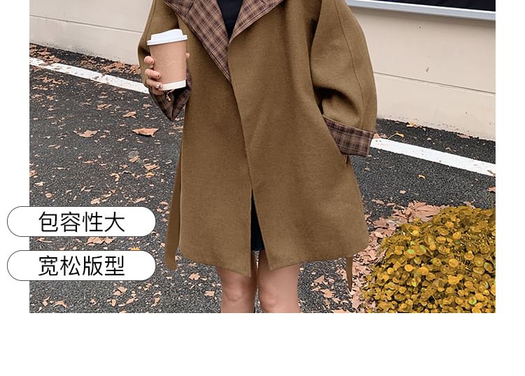 Stand Collar Plaid Lining Button Tie Front Coat