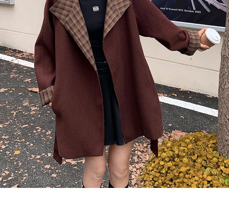 Stand Collar Plaid Lining Button Tie Front Coat