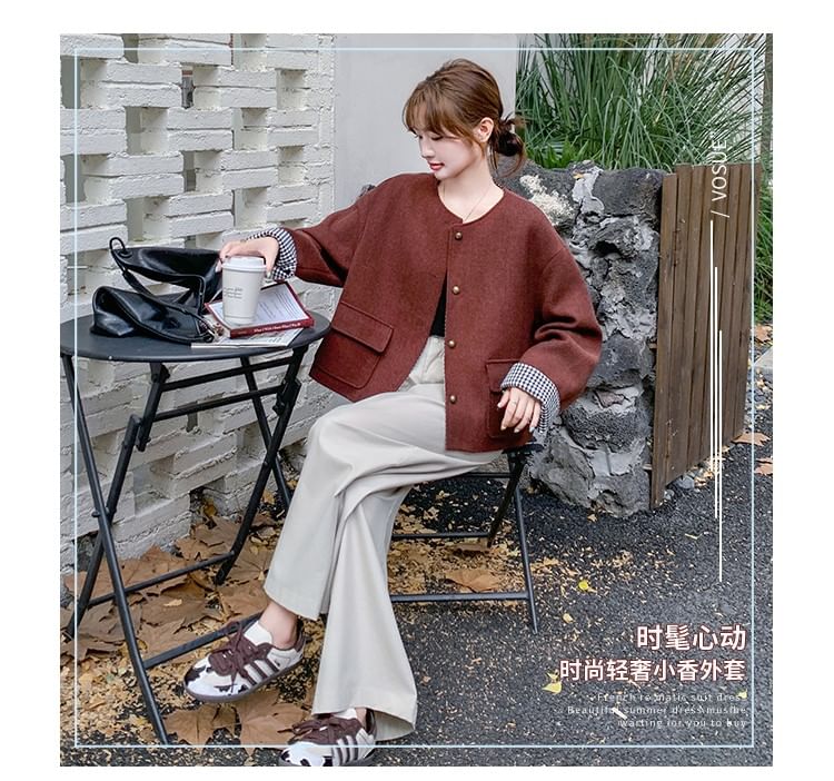 Round Neck Plain Button Jacket