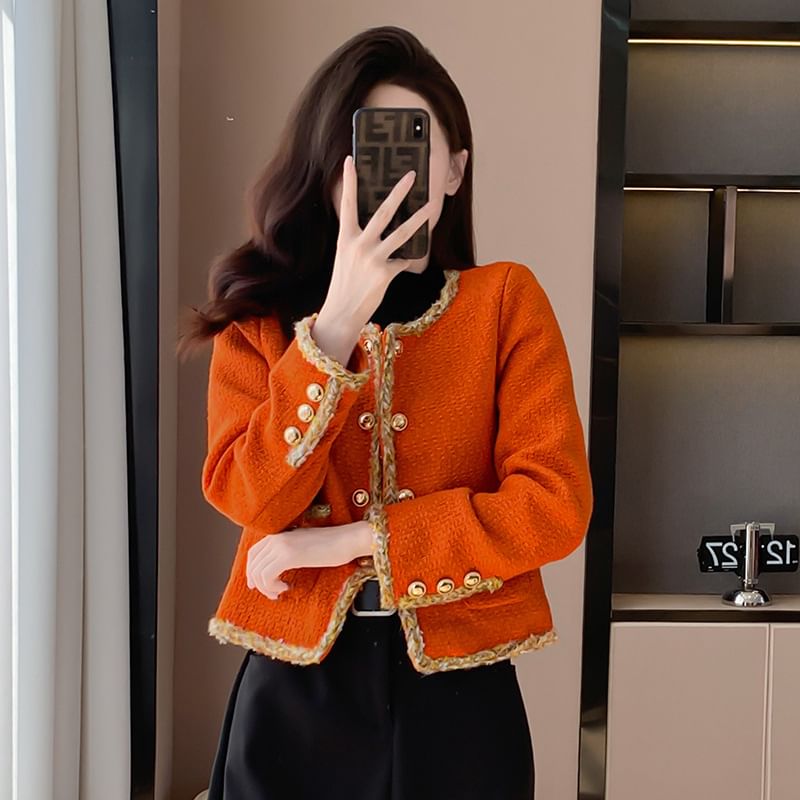 U-Neck Button-Up Crop Tweed Jacket