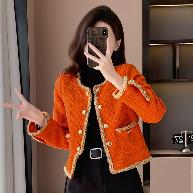 U-Neck Button-Up Crop Tweed Jacket