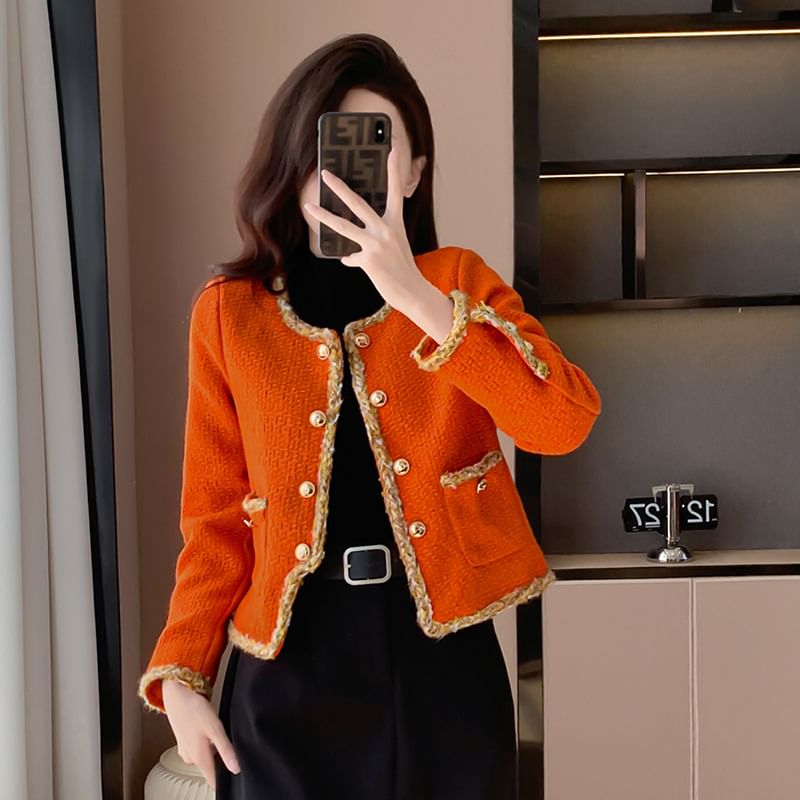 U-Neck Button-Up Crop Tweed Jacket