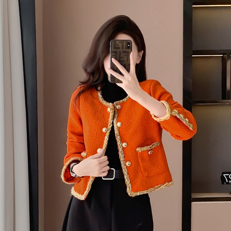 U-Neck Button-Up Crop Tweed Jacket