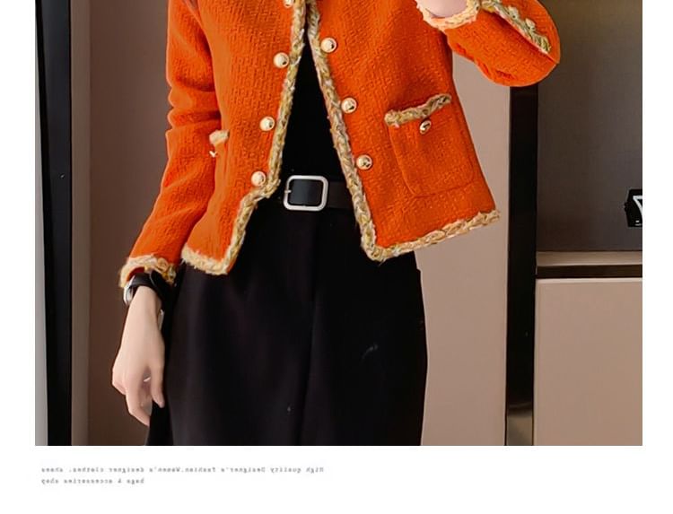 U-Neck Button-Up Crop Tweed Jacket