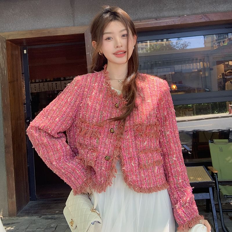 Tweed Button-Up Crop Jacket