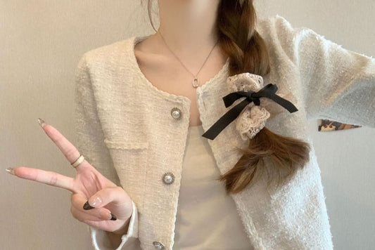 Round Neck Tweed Faux Pearl Button Jacket
