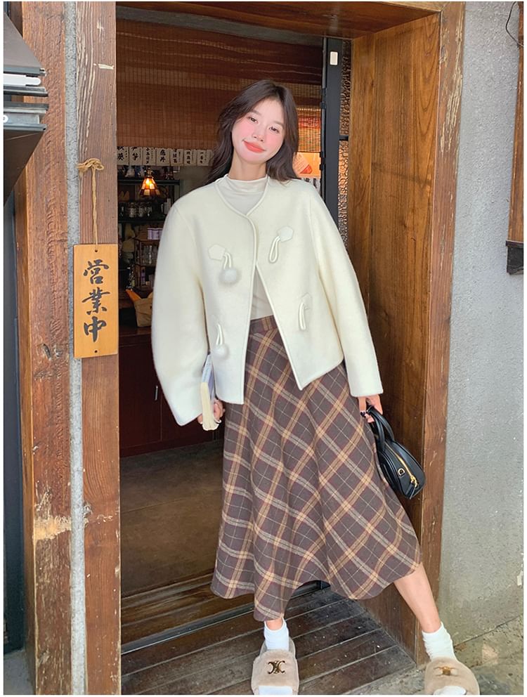 V-Neck Plain Pom Pom Button Jacket