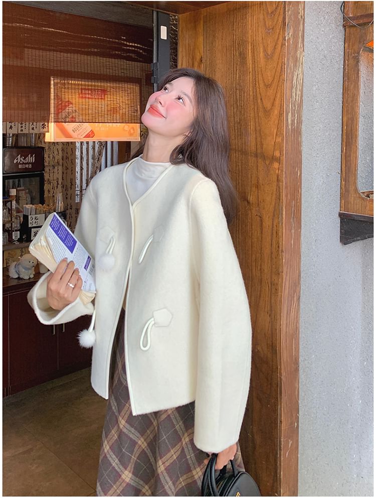 V-Neck Plain Pom Pom Button Jacket