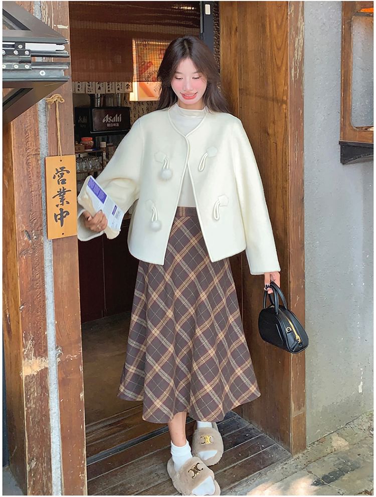 V-Neck Plain Pom Pom Button Jacket