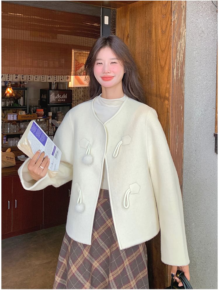 V-Neck Plain Pom Pom Button Jacket