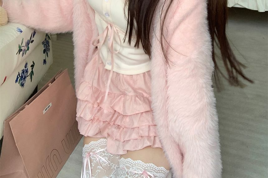 Skirt Plain Cardigan / Waist Cami Ruffle Open Trim Lace Mini Front High Top A-Line Fluffy