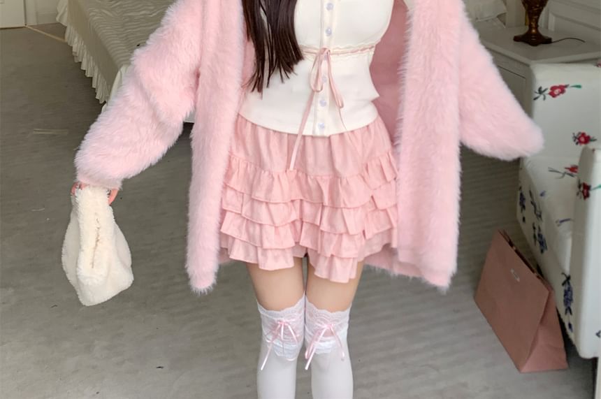 Skirt Plain Cardigan / Waist Cami Ruffle Open Trim Lace Mini Front High Top A-Line Fluffy