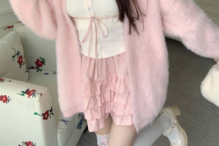 Skirt Plain Cardigan / Waist Cami Ruffle Open Trim Lace Mini Front High Top A-Line Fluffy