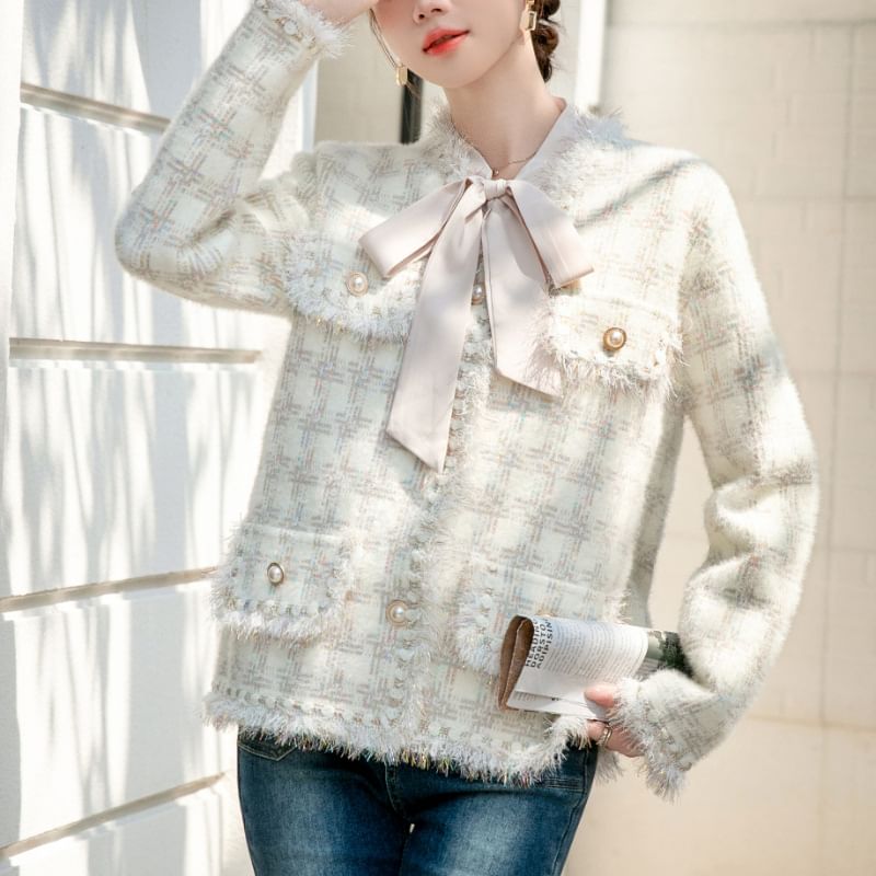 Tweed Plaid Button-Up Jacket