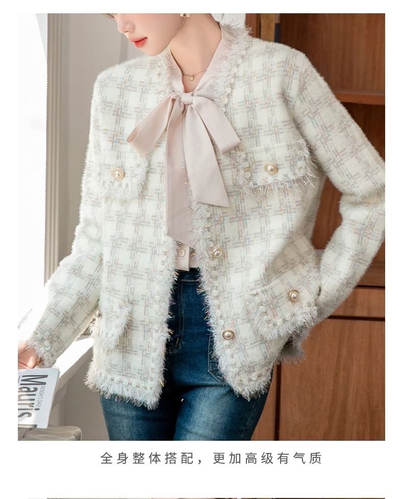 Tweed Plaid Button-Up Jacket