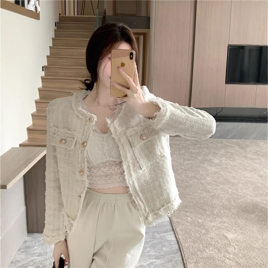 Crewneck Plaid Tweed Button-Up Jacket