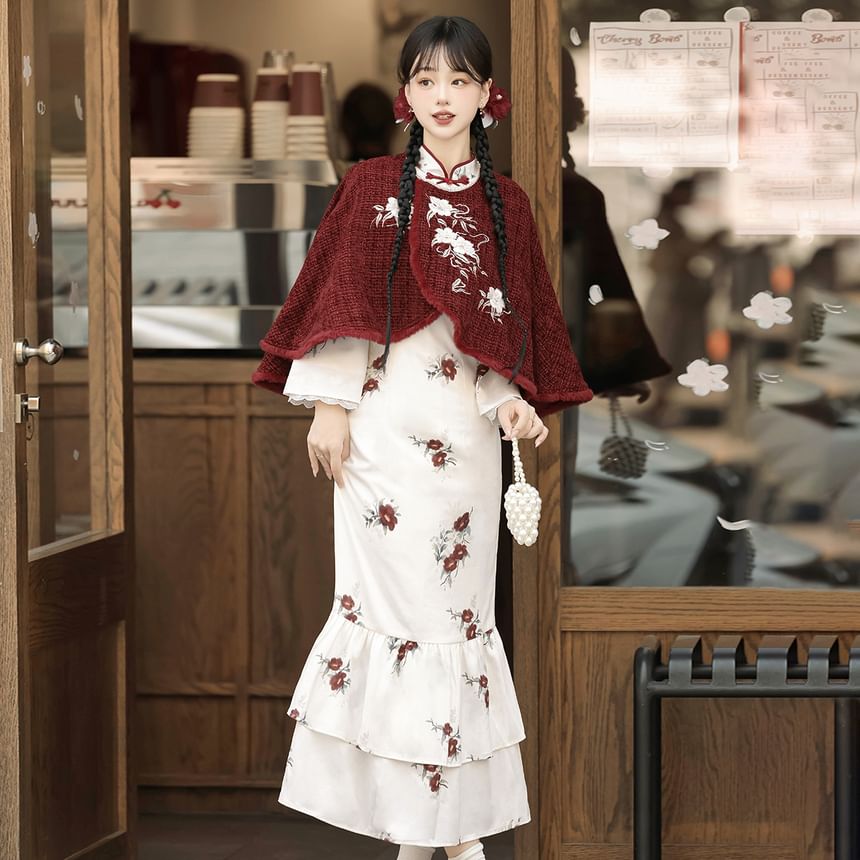 Long Sleeve Mandarin Collar Floral Print Ruffle Midi Mermaid Dress / Round Neck Floral Embroidered Tweed Capelet / Set