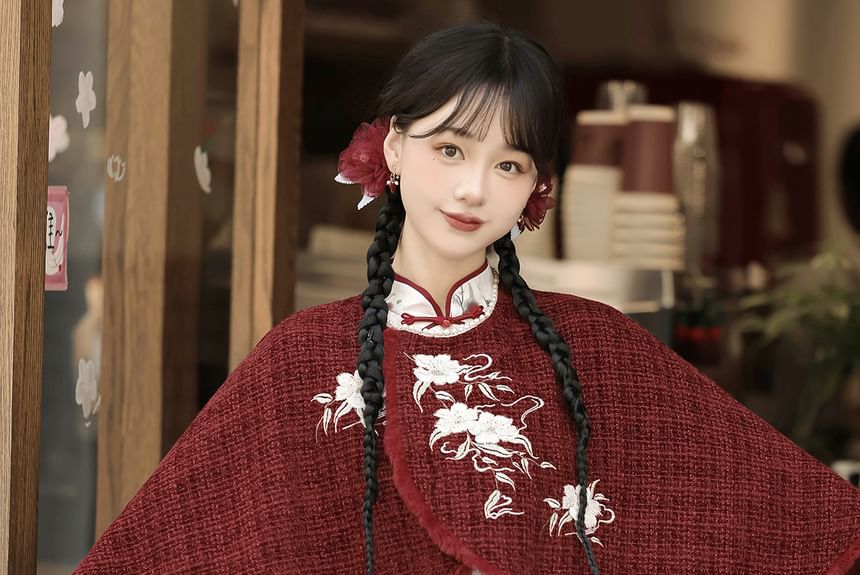 Long Sleeve Mandarin Collar Floral Print Ruffle Midi Mermaid Dress / Round Neck Floral Embroidered Tweed Capelet / Set