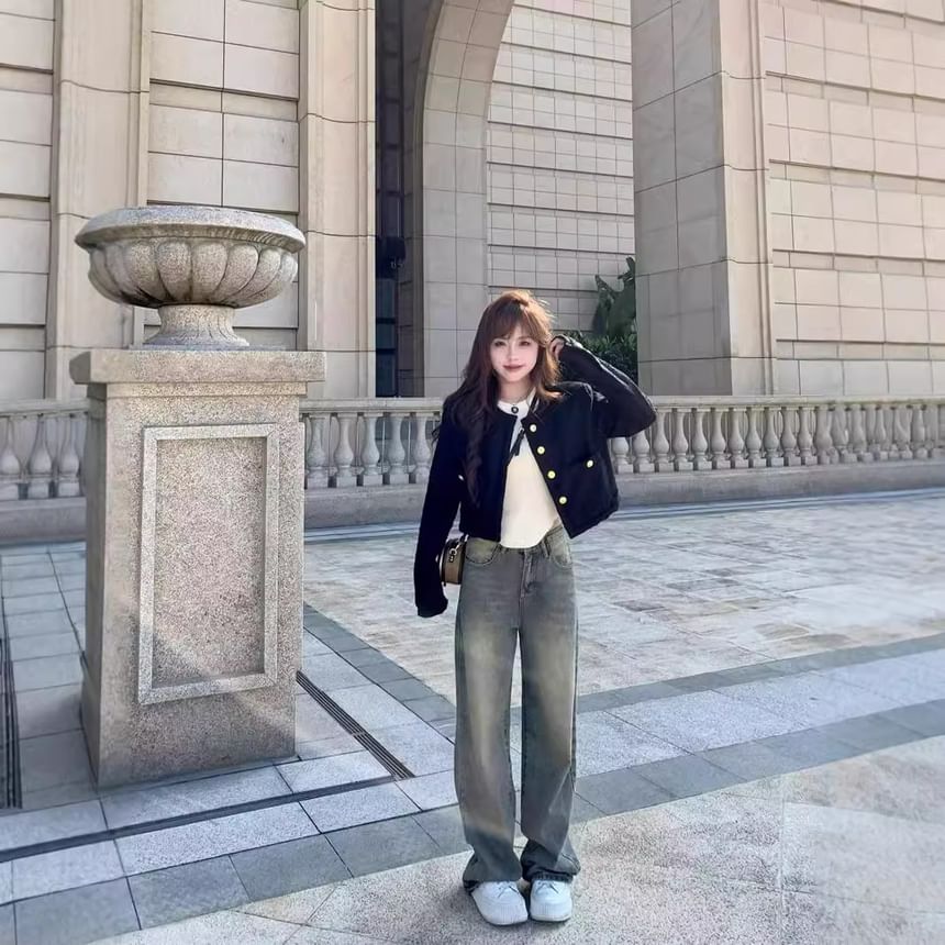 Crew Neck Tweed Button Jacket