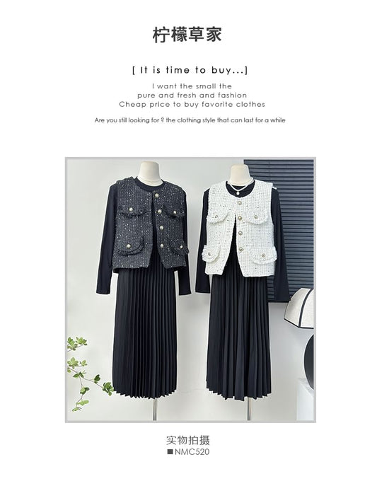 Round-Neck Tweed Vest / Long-Sleeve Pleated A-Line Dress