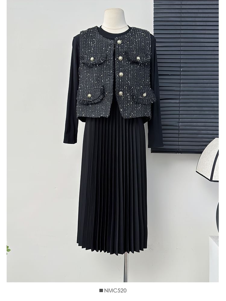 Round-Neck Tweed Vest / Long-Sleeve Pleated A-Line Dress