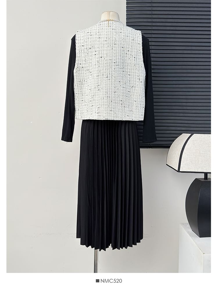 Round-Neck Tweed Vest / Long-Sleeve Pleated A-Line Dress