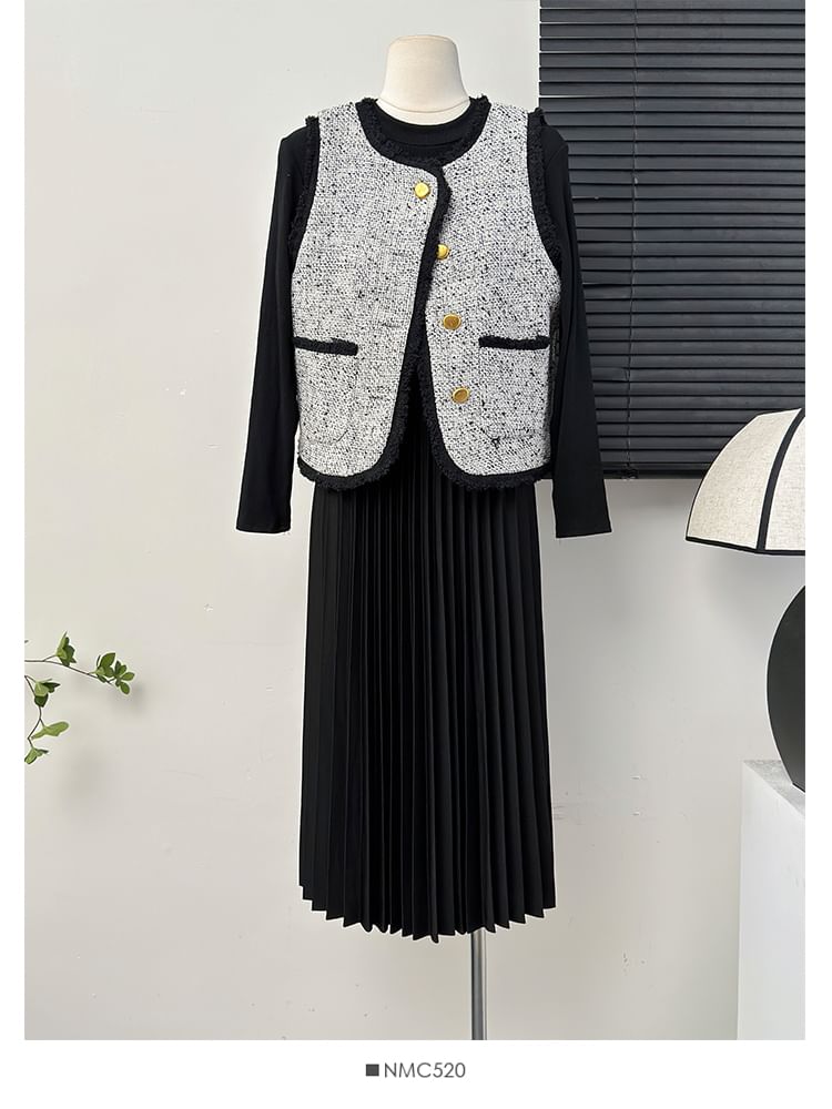 Frayed Tweed Vest / Pleated A-Line Dress