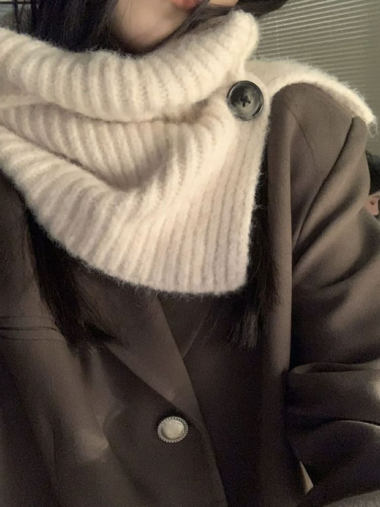 Ribbed Knit Button Snood Plain / Plaid Scarf