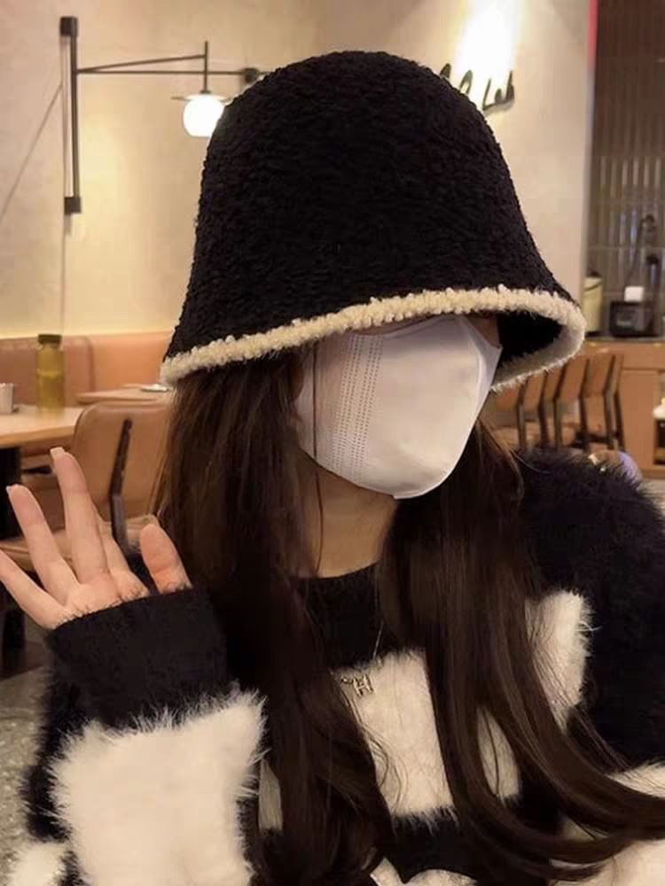/ Trim Contrast Plain Ear Knit Hat Bucket