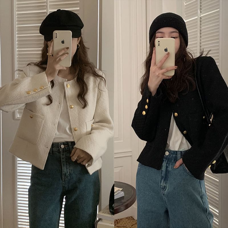 Round Neck Plain Button Up Cropped Tweed Jacket
