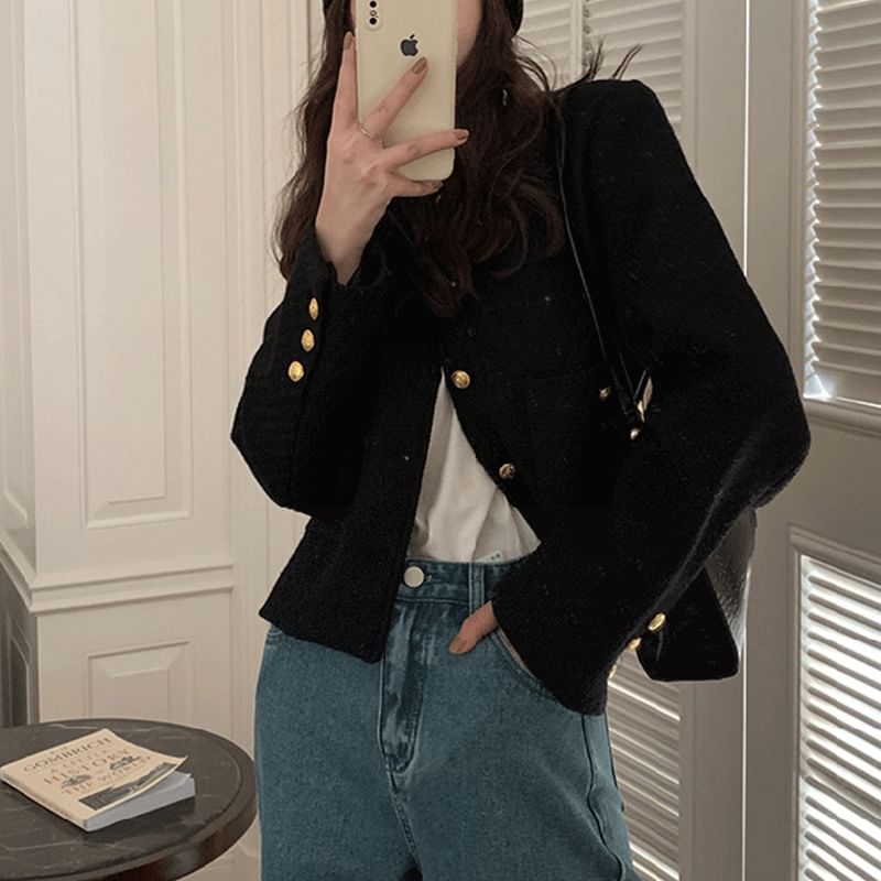 Round Neck Plain Button Up Cropped Tweed Jacket