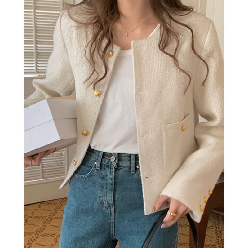 Round Neck Plain Button Up Cropped Tweed Jacket