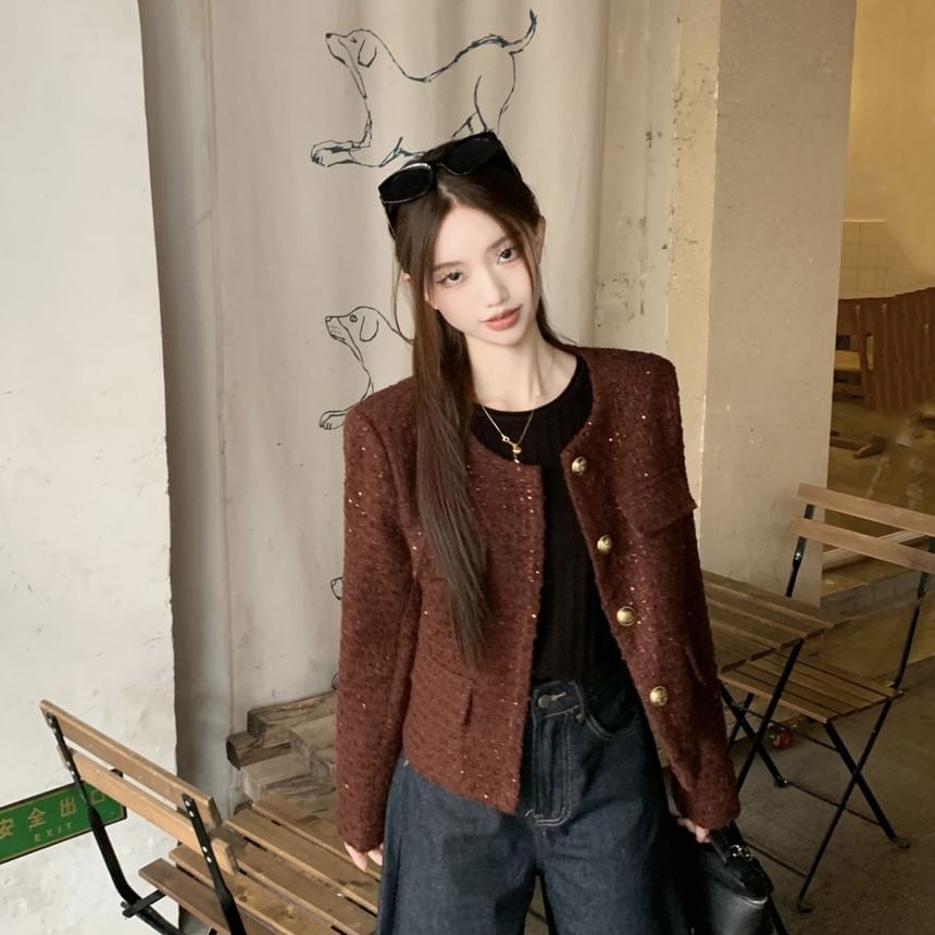 Crewneck Tweed Button-Up Jacket / Long-Sleeve Plain Top