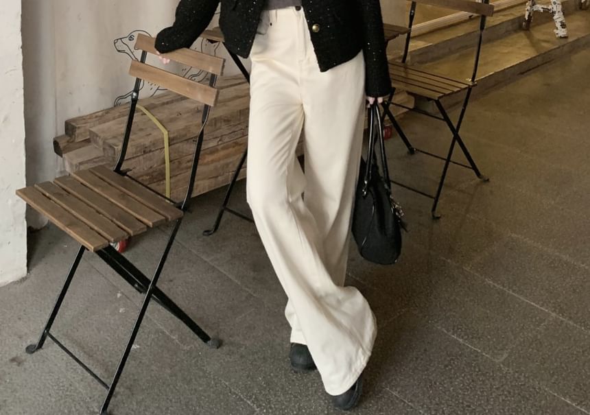 Crewneck Tweed Button-Up Jacket / Long-Sleeve Plain Top