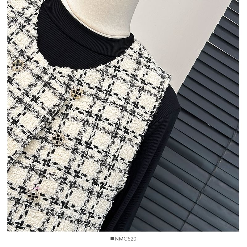 Double-Breasted Tweed Vest / Pleated A-Line Dress