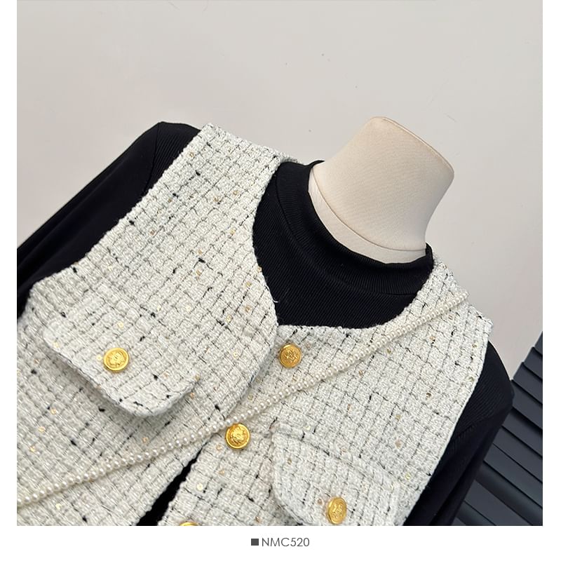 Tweed Vest / Pleated A-Line Dress