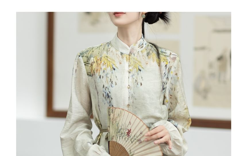 Hanfu Floral Long Cardigan / Plain Camisole Top / Wide Leg Pants / Set