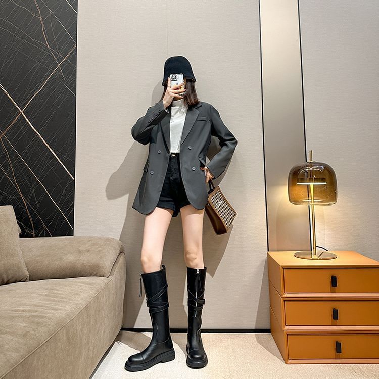 Boots Buckled Zip-Up Plain Platform Faux Leather Tall