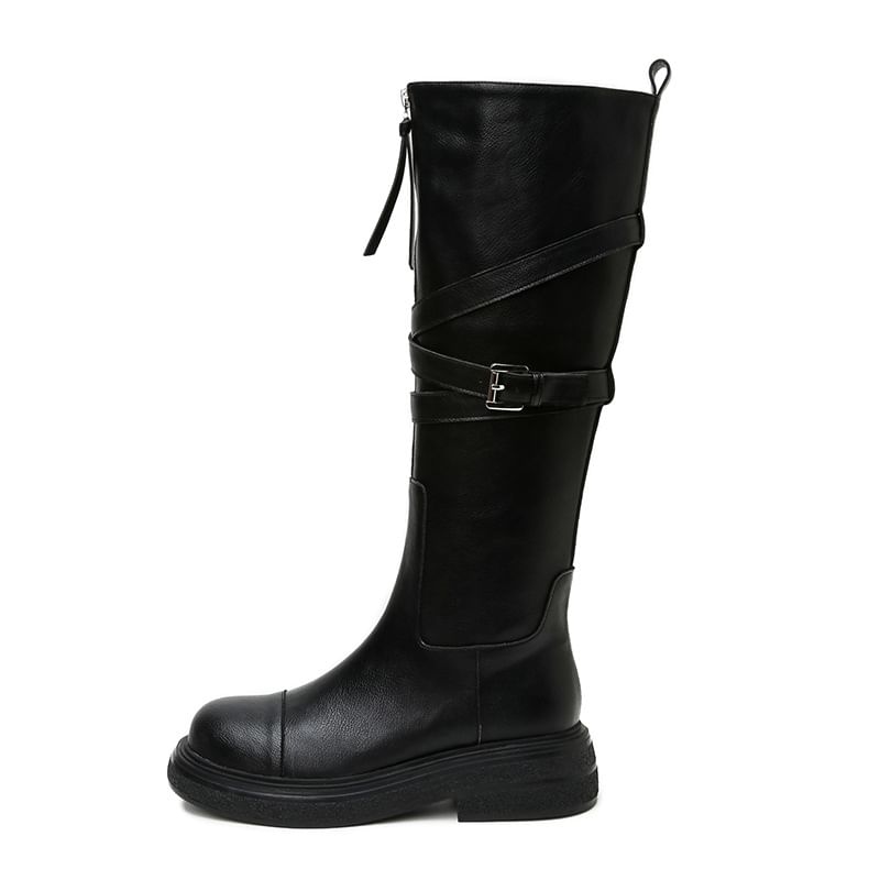 Boots Buckled Zip-Up Plain Platform Faux Leather Tall
