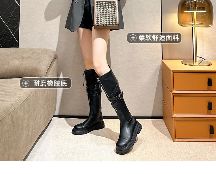 Boots Buckled Zip-Up Plain Platform Faux Leather Tall