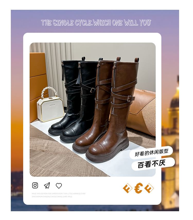 Boots Buckled Zip-Up Plain Platform Faux Leather Tall