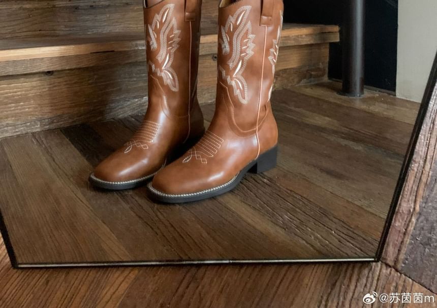 Leather Heel Faux Embroidered Boots Chunky Mid-Calf Cowboy