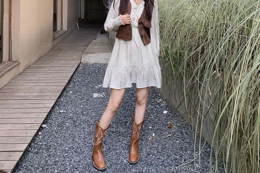 Leather Heel Faux Embroidered Boots Chunky Mid-Calf Cowboy