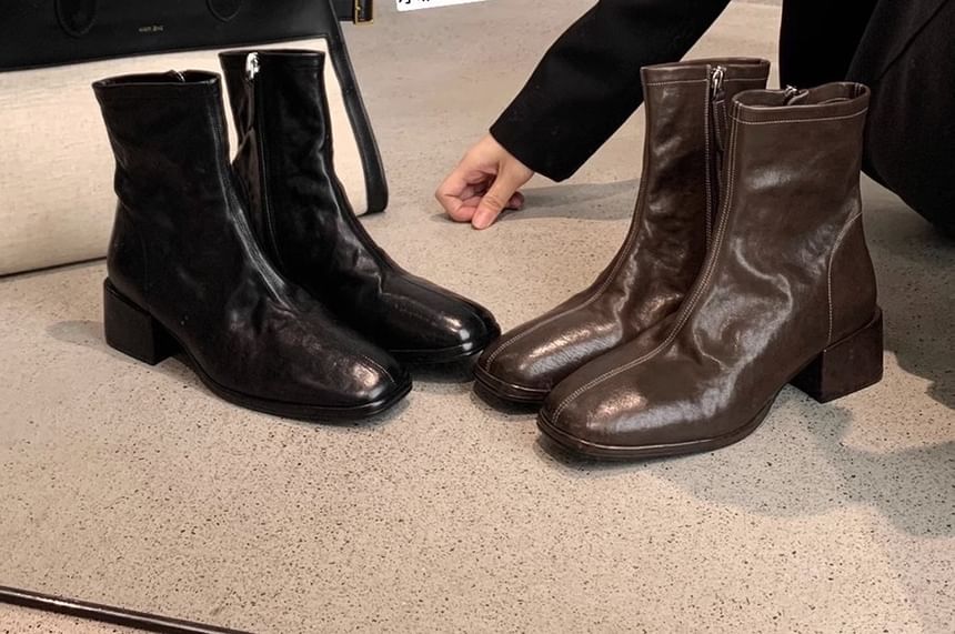 Chunky Heel Plain Zip-Up Genuine Leather Short Boots