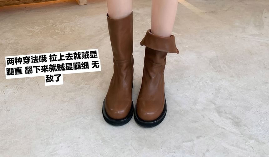 Mid-Calf Leather Boots Plain Platform Genuine