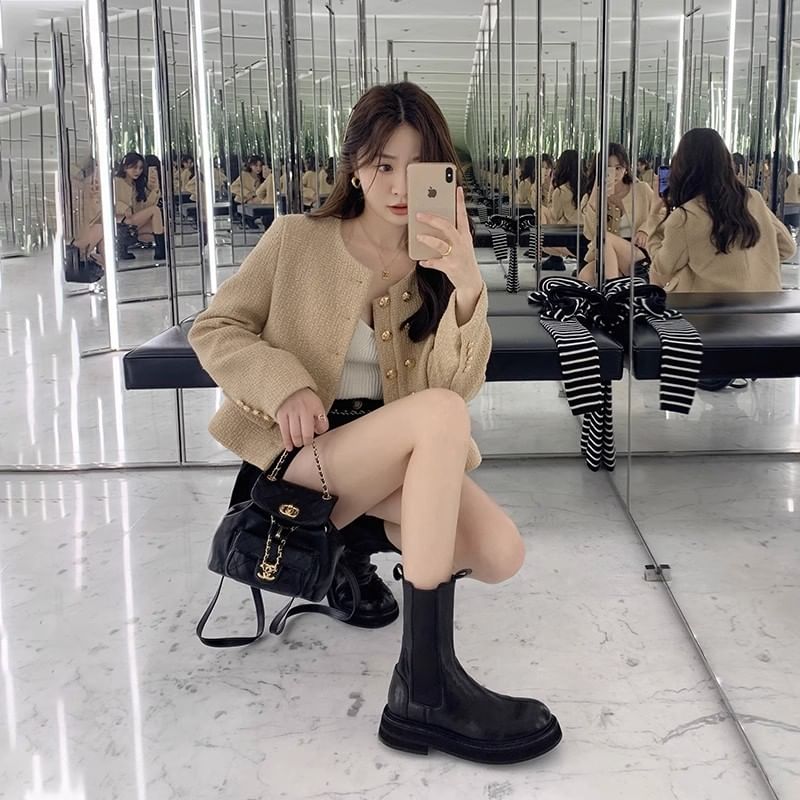 Genuine Short Leather Platform Chelsea Plain Boots